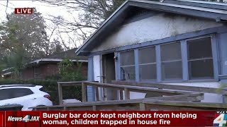 Burglar bar door keeps woman, children trapped in fire