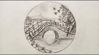 Pencil drawing of an arch bridge over water, surrounded by trees and flying birds