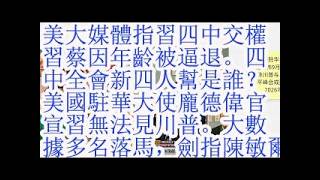 美大媒体指习四中交权，习蔡因年龄被逼退。四中全会新四人帮是谁？美国​驻华​大使​庞德伟官宣习无法见川普。大数据行业多名干部落马，剑指陈敏尔栗战书。