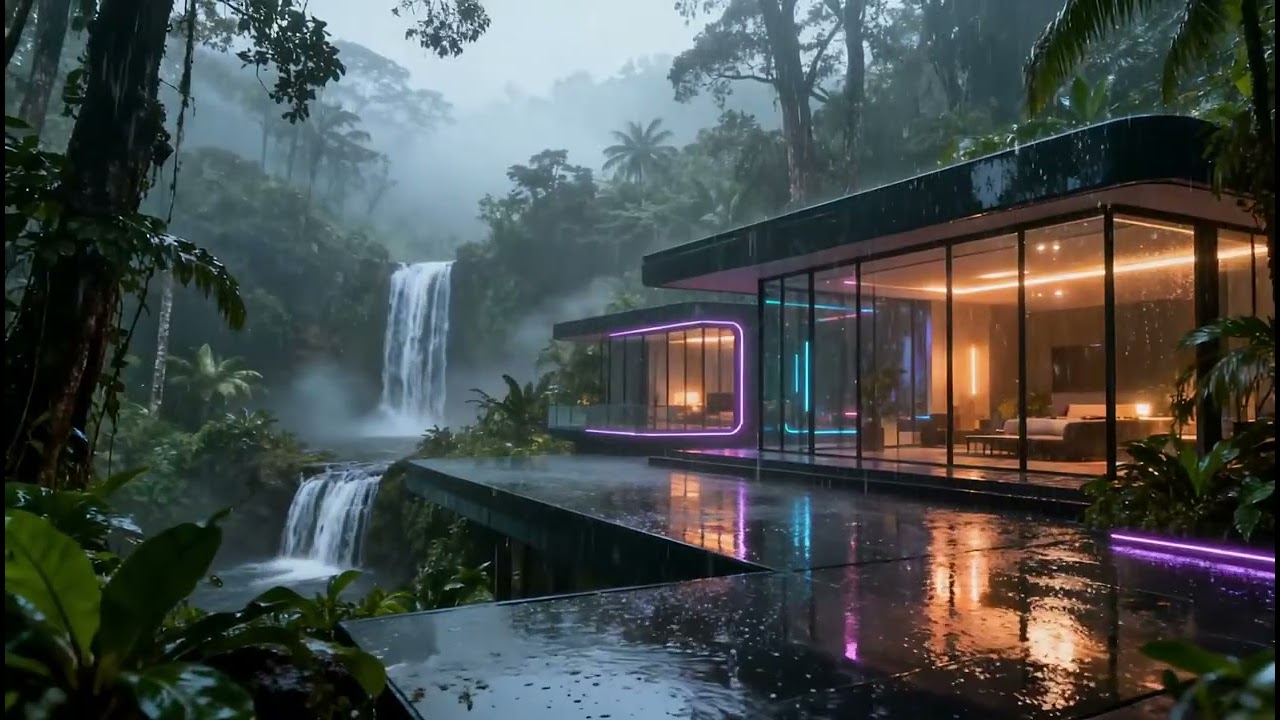 Gentle Rain Piano Music for Study | 8 Hour Glass Villa Forest Ambience for Concentration