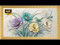 Vibrant Teal &amp; Pastel Anemones with Bird | Gold Framed 4K Art Screensaver | Floral TV Wallpaper