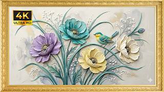 Vibrant Teal & Pastel Anemones with Bird | Gold Framed 4K Art Screensaver | Floral TV Wallpaper screenshot 4