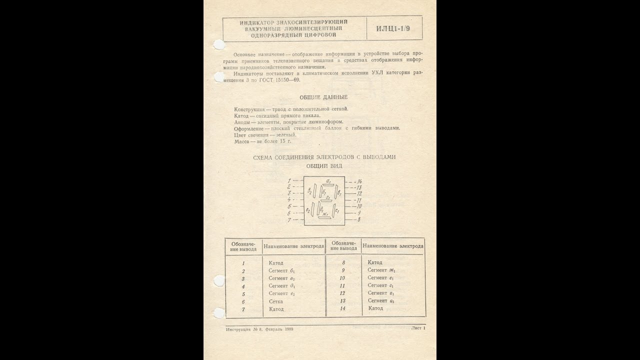 ИЛЦ1-1/9 - индикатор знакоситезирующий вакуумный люминесцентный одноразрядный цифровой