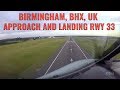 Birmingham BHX airport, UK, Approach + landing  runway 33. Airbus cockpit view.  With ATC + ATIS. 4k