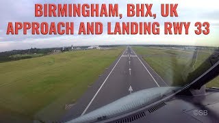 Birmingham BHX airport, UK, Approach + landing  runway 33. Airbus cockpit view.  With ATC + ATIS. 4k