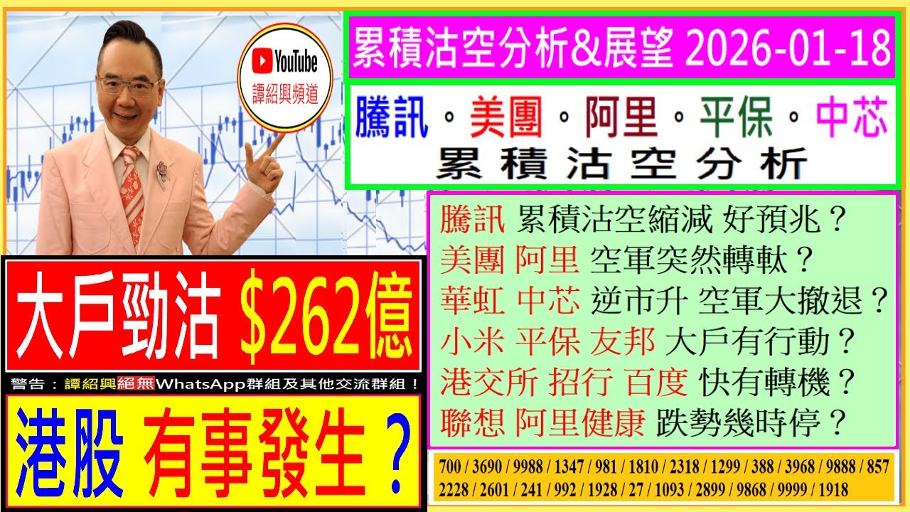 大戶勁沽$262億 港股有事發生？🤔/騰訊 沽空縮減 好預兆？😘/美團 阿里 空軍轉軚？🙄/華虹 中芯 空軍大撤退？🤗/小米 平保 友邦 大戶有行動😜/港交所 招行 快有轉機？🤑/2026-01-18
