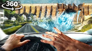 360 Dam Failure Disaster - Car Escape From Tsunami In Samll Town Vr 360 Video