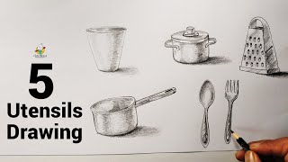 Draw Five Kitchen Utensils with Pencil Shading | Step by Step Drawing For Beginners
