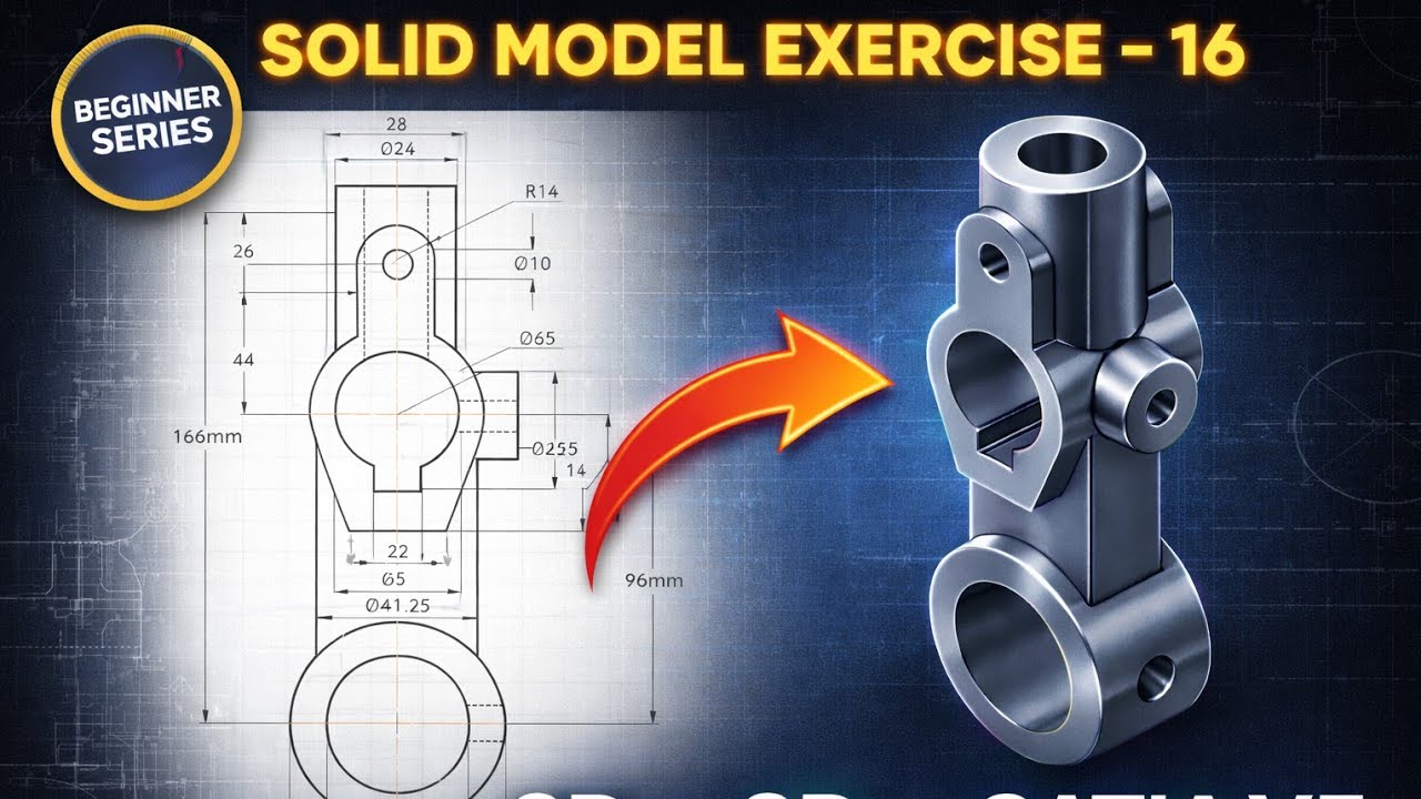 CATIA V5 Solid Model Exercise 16 | 3D Modeling from 2D Drawing Step by Step | Beginner Tutorial