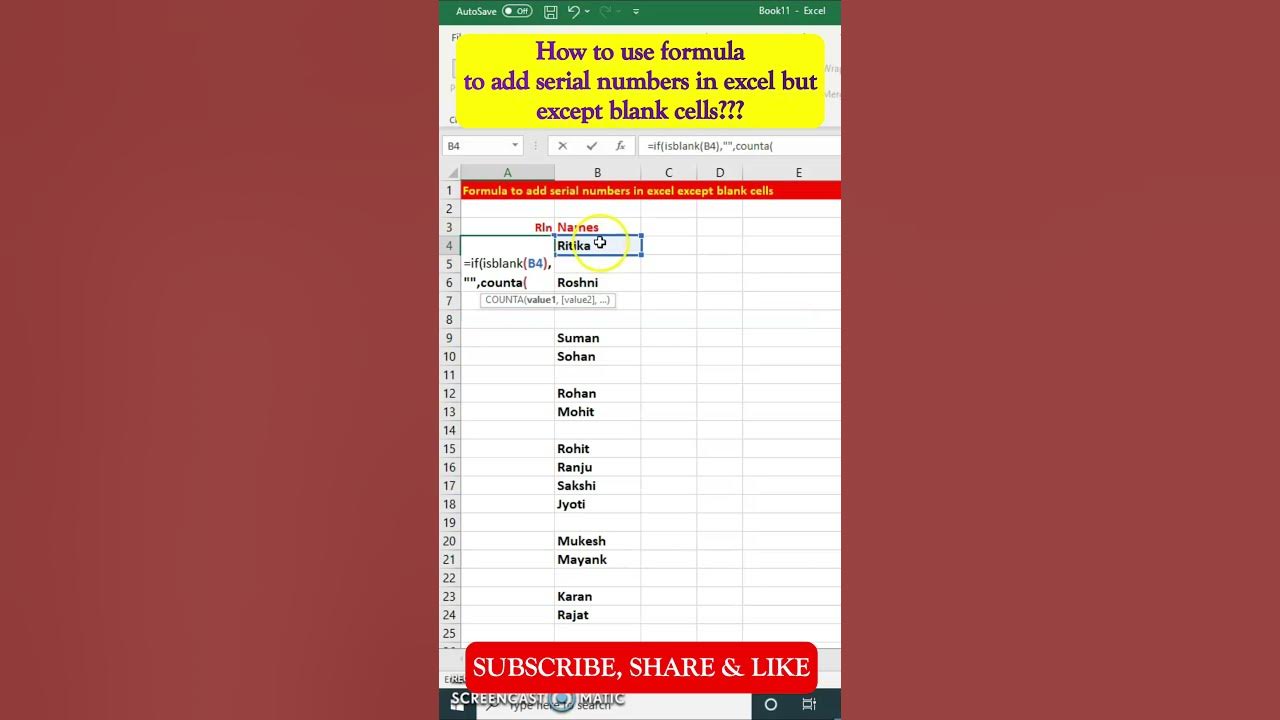 Formula to add row numbers and skip blank cells in excel excel