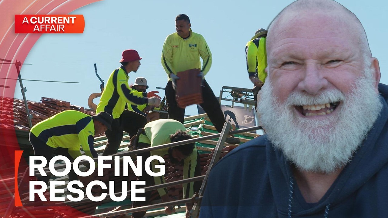 A Current Affair segment: roofers repairing Frank Collins' roof for free