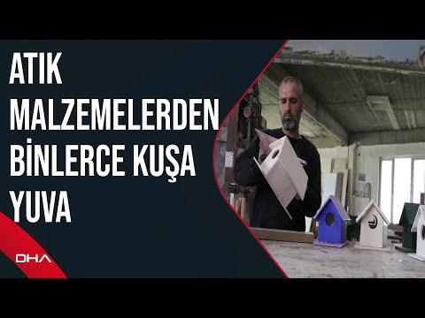 Atık malzemelerden 5 ayda ürettiği 200 kuş yemliği ve yuvayı ağaçlara astı