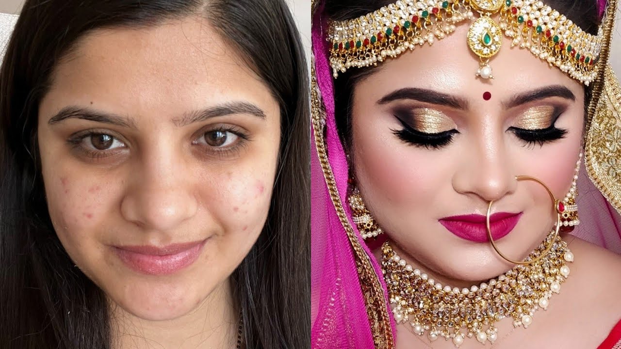 INDIAN BRIDAL MAKEUP for ACNE PRONE SENSITIVE SKIN Gold Glitter Cut