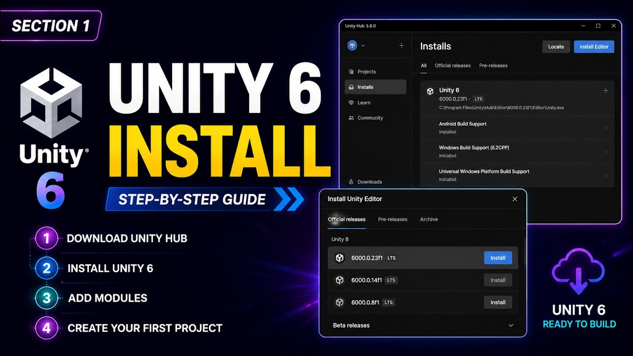 Unity 6 Download & Install | Lecture 1.3 - Unity Hub + Unity 6 Setup ...