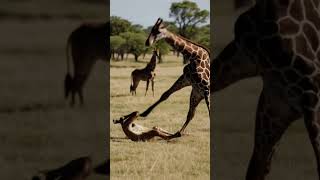 A Giraffe Rolling A Lion Without Mercy