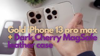 iPhone 13 Pro Max Gold + Apple Dark Cherry MagSafe Leather Case unboxing! (compare 12 Max silver)