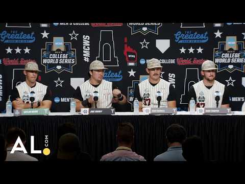 Troy coach Skylar Meade and players recap their first win in the College World Series