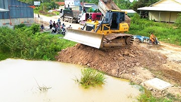 New Impressive Landfilling With Strong Heavy Dozer Working, Good Job Dump Trucks Dumping Soil