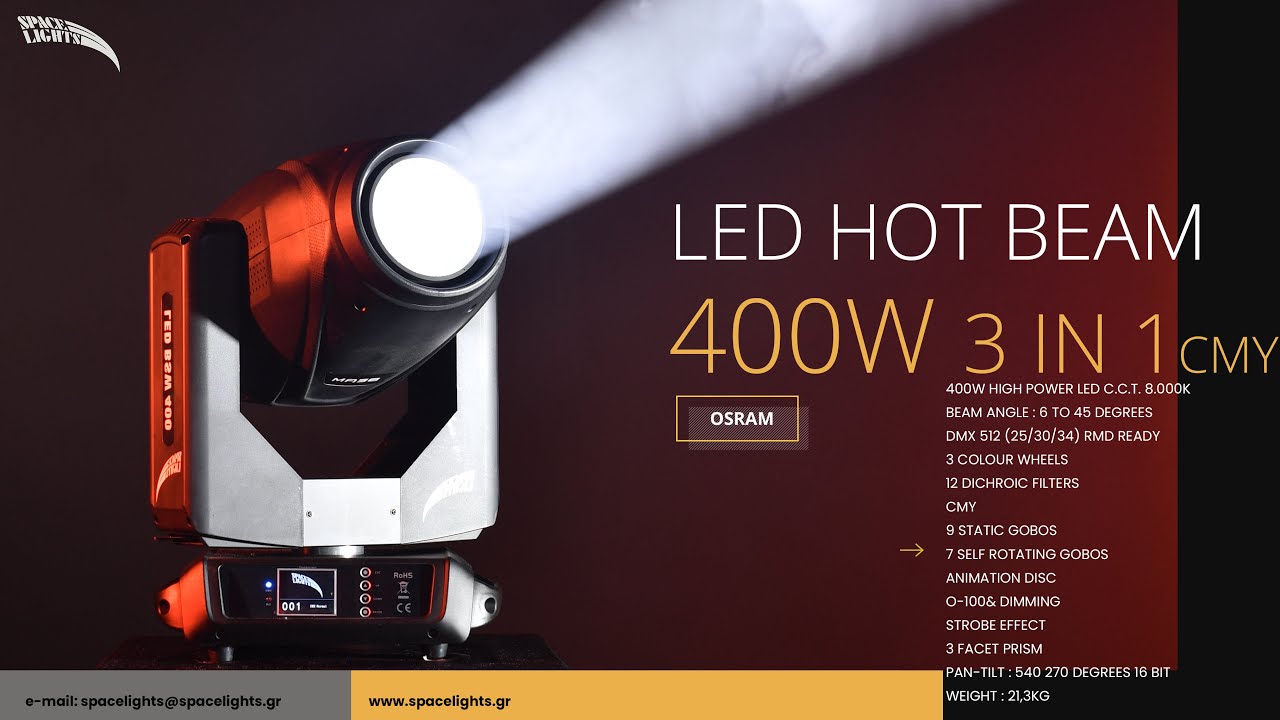 SPACE LIGHTS LED HOT BEAM 400W OSRAM LED 3 IN 1 CMY - YouTube