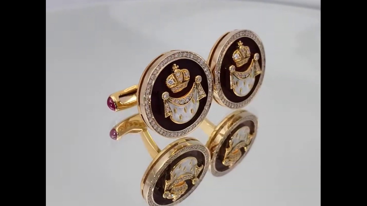 Запонки с бриллиантами, рубинами и эмалью из желтого золота 750 пробы