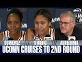 Sarah Strong, Blanca Quinonez and Geno Auriemma on UConn 'shaking cobwebs off' in opening round win