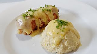 Stuffed Chicken Roulade with Potato Mousseline in Bechamel  white sauce