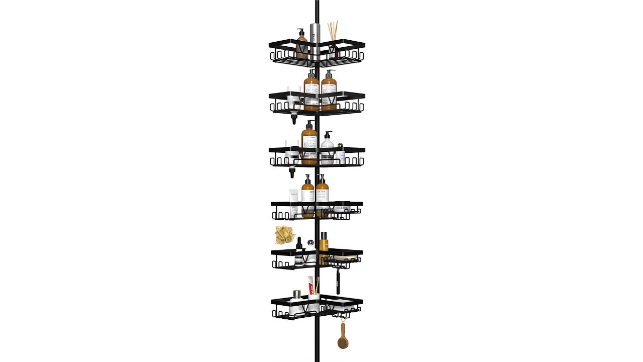 Easy 6-Tier Shower Caddy Tension Pole Setup – No Drilling Required!