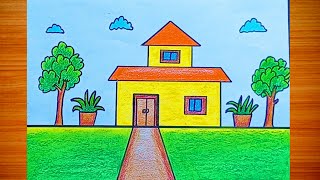 How to draw beautiful house drawing || Beautiful house landscape drawing easy #trending #viral