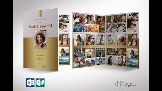 Golden Funeral Program Word Publisher Large Template | 8 Pages | Editable Colors