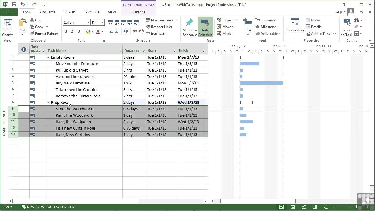 Microsoft Project 13 Tutorial Organizing Tasks Into Logical Groups Youtube