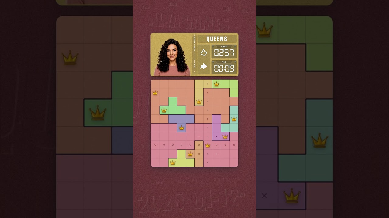 LinkedIn Queens #257 solved board for January 12, 2025, 10x10 grid