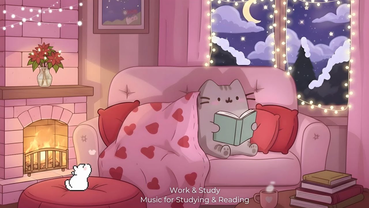 📚 Pusheen's Warm Winter Hideaway❄️ Gentle Lo-fi, Snowfall Outside & Soft Candle Glow | Study / Relax