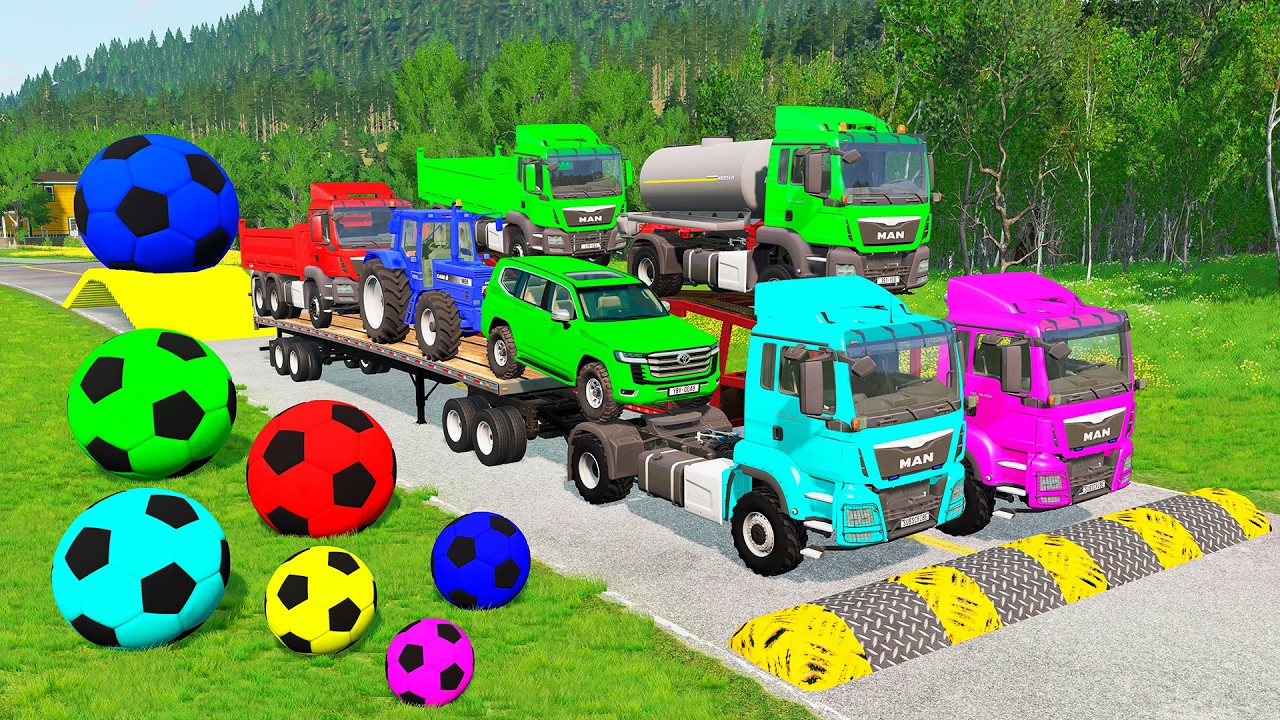 Flatbed Trailer McQueen Transportation with Truck - Speedbumps vs Cars vs Train - BeamNG.Drive #44