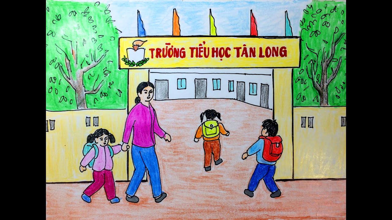 Vẽ Tranh Cổng Trường Nhộn Nhịp Đẹp Vui Tươi Độc Đáo Nhất