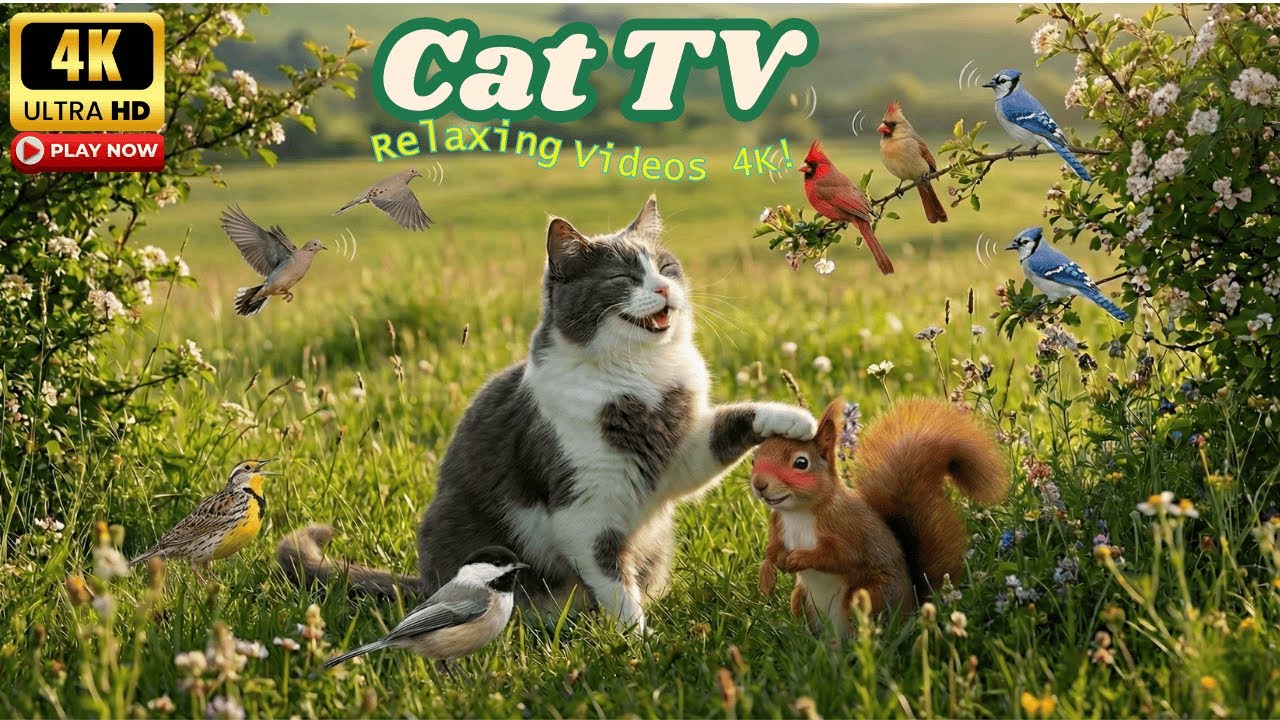Cat TV for Cats to Watch 🐦 A Wide Open Green Meadow Filled with Gentle Bird Sounds | Ultra 4K