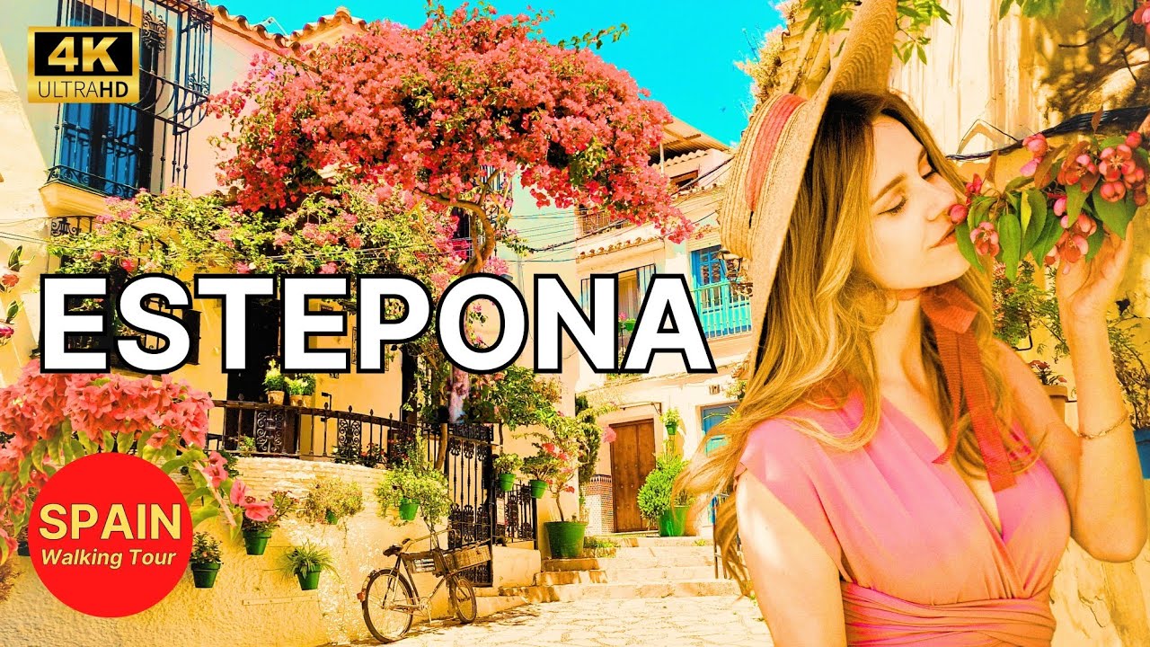 🇪🇦[4K 60fps] ЭСТЕПОНА 🌺 Прогулка по самой цветущей белой деревне Испании 🪴 Малага, Андалусия