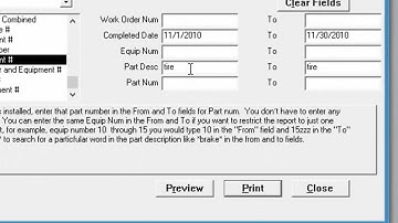 TATEMS Maintenance Software Work Orders Parts Tires Report