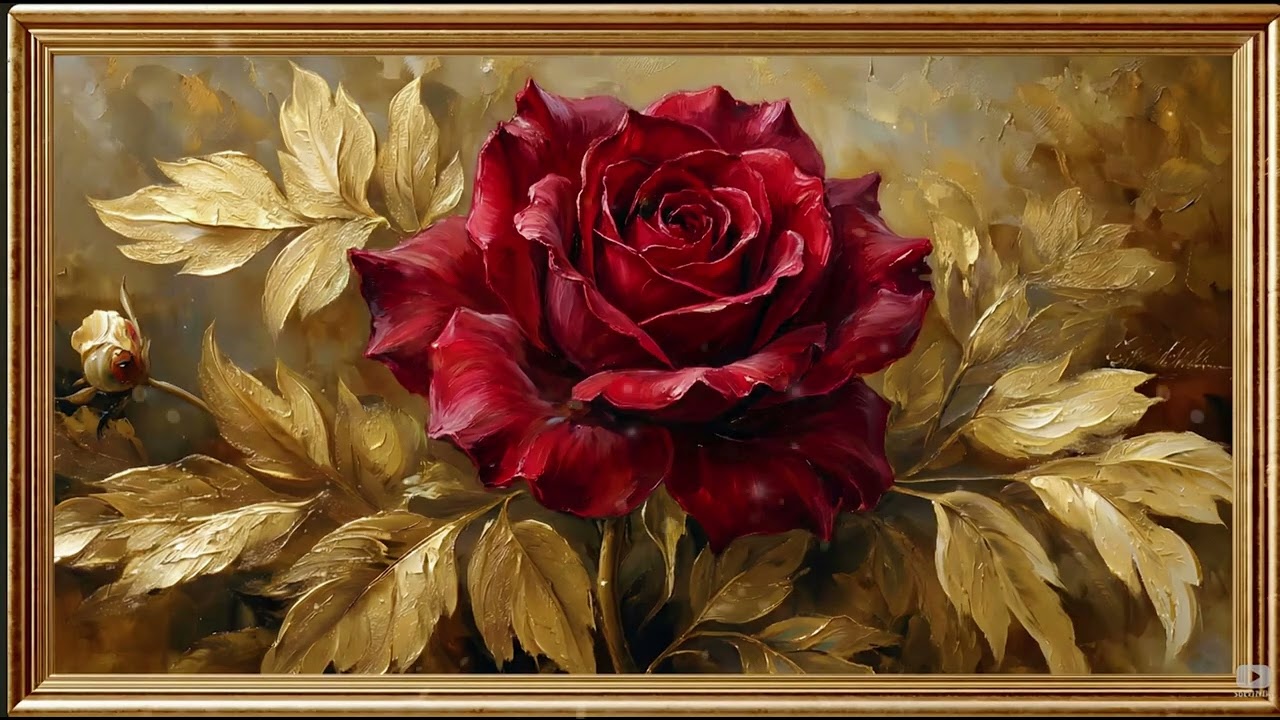 Red Rose flower Painting | Gold Frame TV Art Screensaver for TV Wallpaper