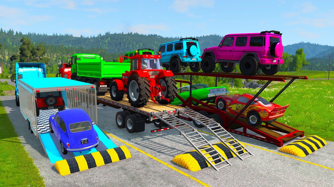 Грузовик с платформой Маккуин | Перевозка на грузовике — Выбоина против машины №05 — BeamNG.Drive