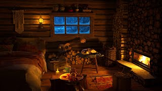 Fireplace 4k, Cozy Winter Hut, Snowstorm and Frosty Wind Sounds