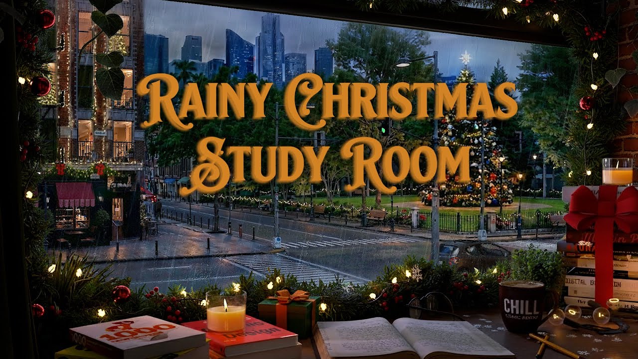 Cozy Christmas Rain Study Room 🎄🌧️ Street View Thunder Ambience for Focus, Study & Relaxation