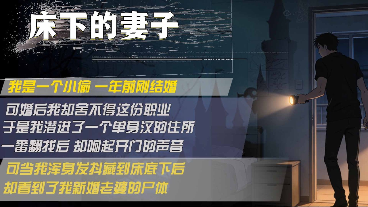 我是一個小偷 一年前剛結婚，可婚後我卻捨不得這份職業，於是我潛進了一個單身漢的住所，一番翻找後 卻響起開門的聲音，可當我渾身發抖藏到床底下後，卻看到了我新婚老婆的屍體