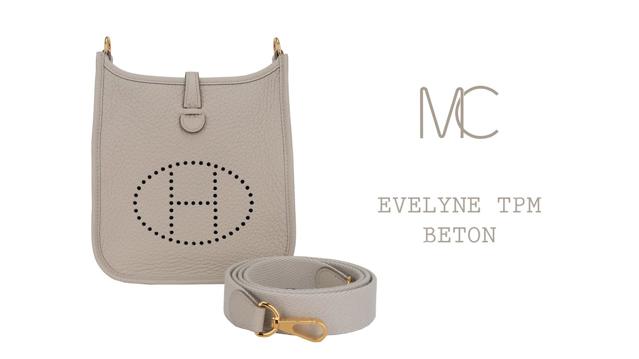 Hermes Evelyne TPM Beton Crossbody Bag Gold Hardware Clemence Leather •  MIGHTYCHIC • 