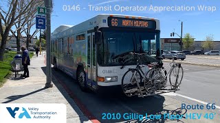 Wrapped Bus! VTA 0146 on Route 66 - 2010 Gillig Low Floor Hybrid 40'