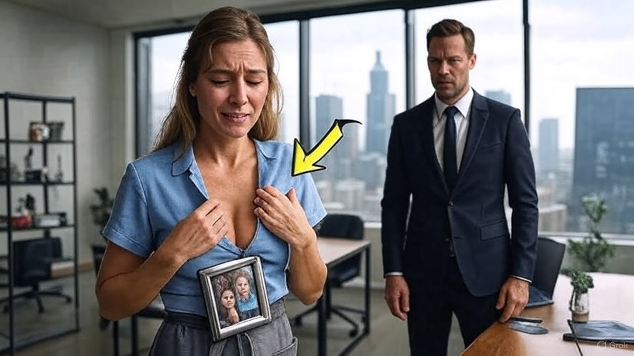 Schüchternes Mädchen putzt falsches Büro, und findet ein Foto von sich auf dem Schreibtisch des Chef