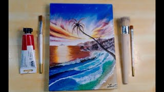 Tropical ocean sunset painting in acrylic