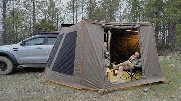 Truck Camping With Awning Tent In Rain Storm