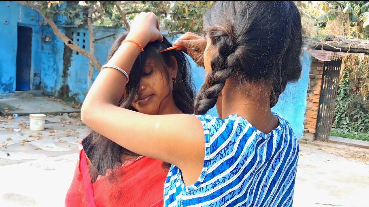 Relaxing Hair Combing & Two Braids | Simple Village Hair Care Routine