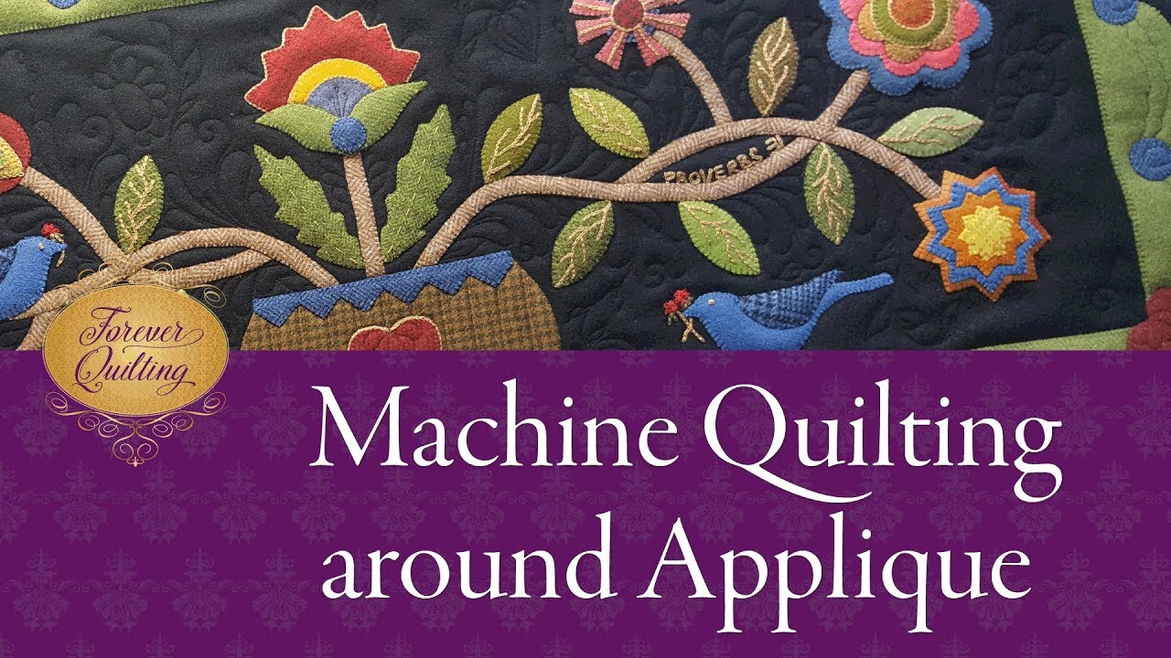 Machine quilting around applique on the Gathering Flower table runner