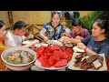 River shrimp, Tiny fish, Sweet water melon are on table for Sros&#39;s family dinner | Family Eating